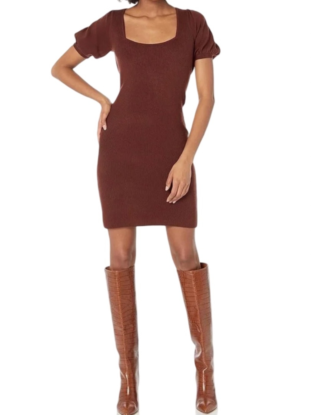 French Connection Brown Puff Sleeve Knit Sweater Dress Small Quiet Luxury Fall